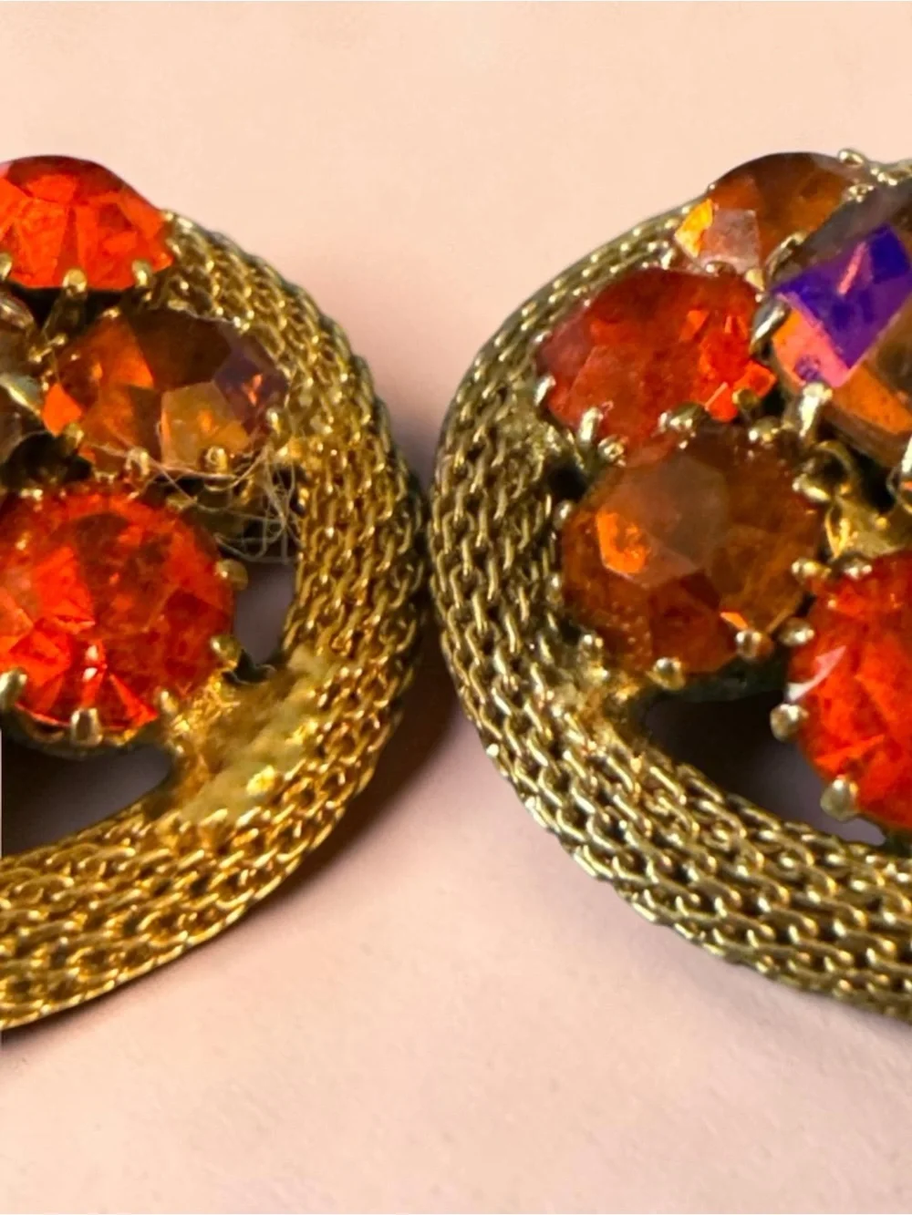 Vintage WEISS Amber Orange Rhinestone Clip-On Earrings Gold Tone Mid Century